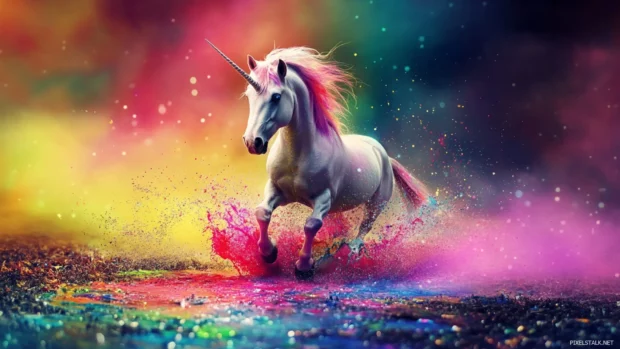 Unicorn splashing in glowing paint puddles on a dreamy field.