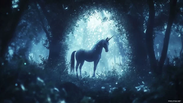 Unicorn standing beneath a crystal arch in a sparkling forest.