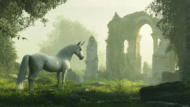 Unicorn standing calmly in a foggy valley surrounded by ancient ruins and ivy vines.