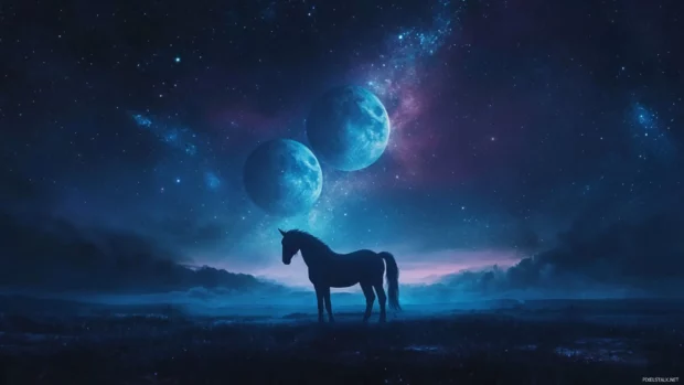 Unicorn standing in a starfield under twin moons.