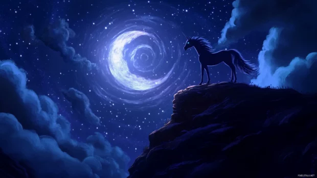 Unicorn standing on a moonlit cliff with stars swirling overhead.