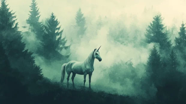 Unicorn standing quietly in a forest filled with misty watercolor tones.