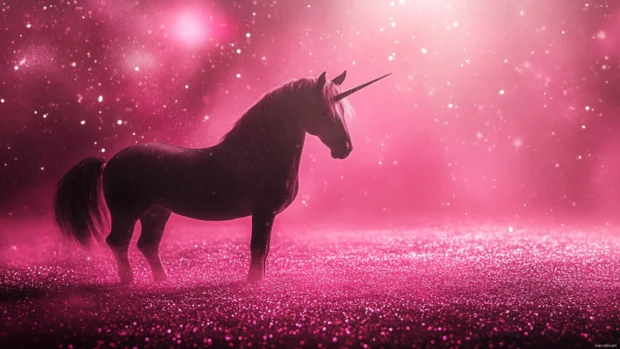 Unicorn standing under a glowing arc of pink glitter mist.