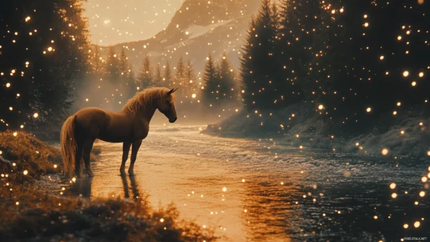 Unicorn stands beside a river filled with sparkling stars.