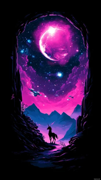 Unicorn stepping through a portal into another galaxy.