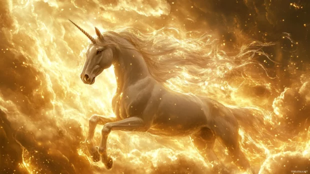 Unicorn surrounded by drifting clouds and golden light.