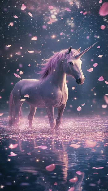 Unicorn surrounded by floating glitter petals in a fantasy unicorn wallpaper.