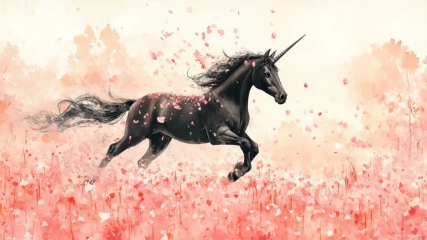Unicorn surrounded by floating petals in a field of watercolor brushstrokes.