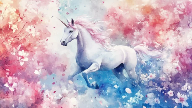 Unicorn surrounded by watercolor blossoms in this Artistic unicorn watercolor scene.