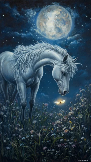 Unicorn touching noses with a firefly under the moonlight.