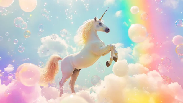 Unicorn twirling through a bubble shower in a rainbow sky.