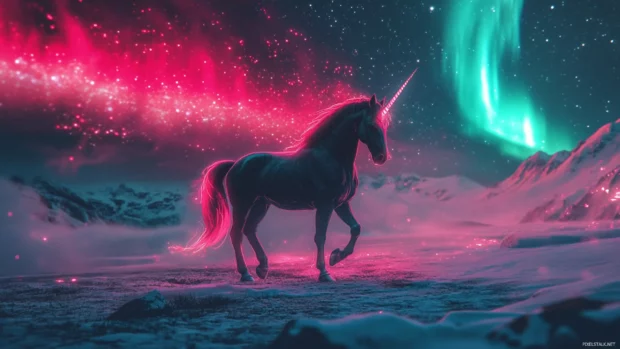 Unicorn under northern lights with neon particle trails.