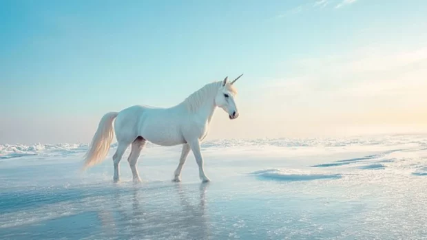 Unicorn walks slowly across shimmering ice plains.