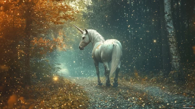 Unicorn walks through falling stardust on a dreamy trail.
