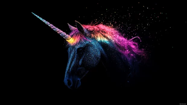 Unicorn wallpaper for desktop showing a glowing horn and rainbow aura with glitter details.
