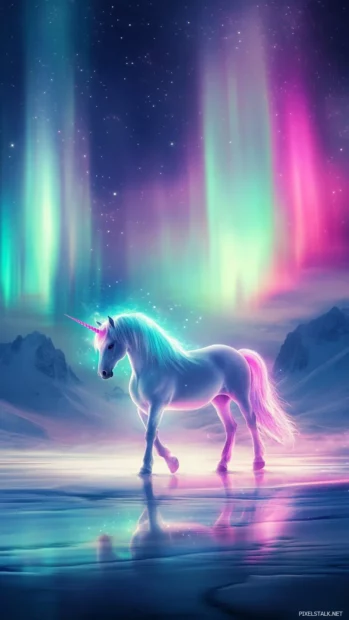 Unicorn wallpaper for iPhone featuring a glowing unicorn walking beneath a pastel aurora.