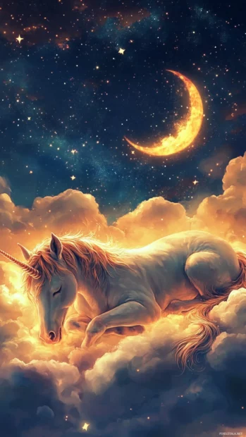 Unicorn wallpaper for iPhone showing the creature sleeping on clouds with a glowing tail.
