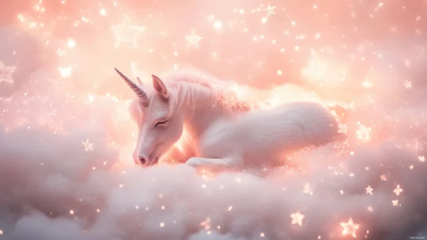 Unicorn wallpaper in dreamy fantasy style with glowing stars and soft clouds surrounding it.