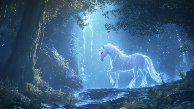 Unicorn wallpaper showing a glowing white unicorn in a misty enchanted forest.