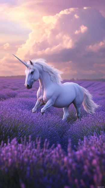 Unicorn wallpaper with a golden maned unicorn walking through lavender fields at dusk.