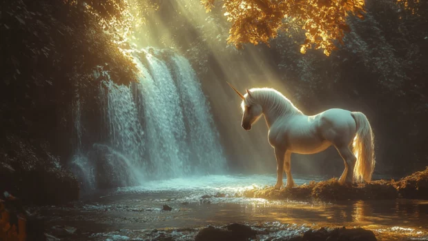 Unicorn wallpaper with golden light falling on a majestic unicorn by a waterfall.