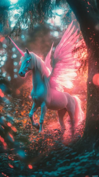 Unicorn wallpaper with pastel wings and flowing mane standing beside a glowing tree.