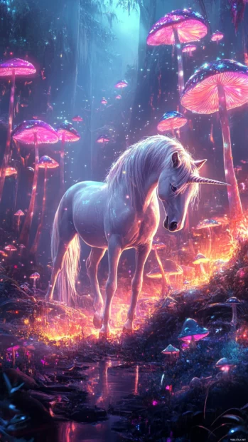 Unicorn wallpaper with the animal walking through glowing mushroom forest.