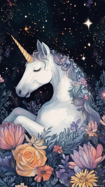 Unicorn watercolor aesthetic wallpaper where unicorn naps beside starlit flowers.