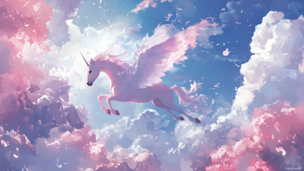 Unicorn with a shimmering pink tail flying across cotton candy skies in this enchanting Pink Unicorn Wallpaper.