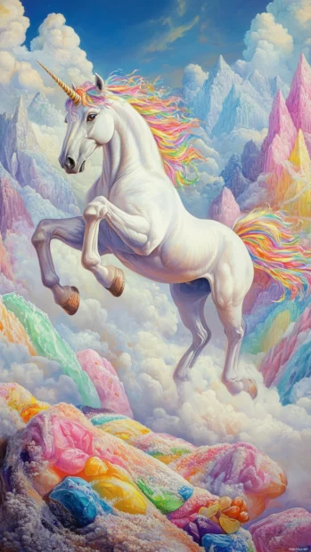 Unicorn with braided mane leaping over candy mountains.