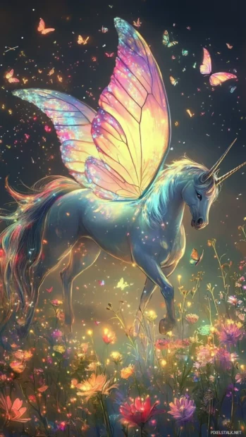 Unicorn with butterfly wings fluttering over glowing flowers.