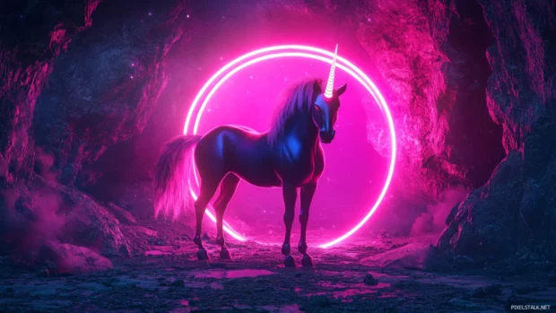 Unicorn with glowing horns standing before a radiant neon portal.