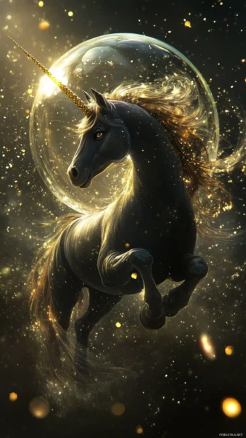 Unicorn with golden mane shining in a bubble of light.