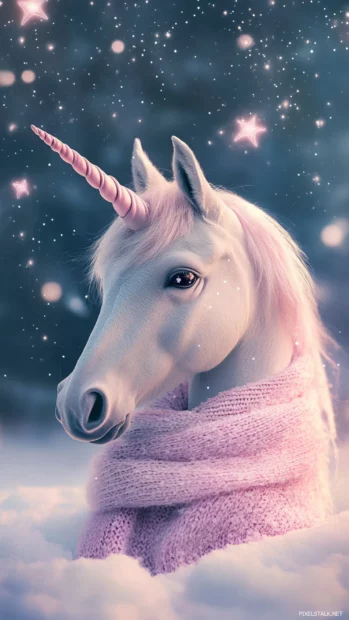 Unicorn wrapped in a pastel scarf watching tiny falling stars.