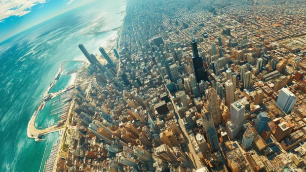 Unique aerial Chicago skyline, bustling city streets below, Lake Michigan to horizon.