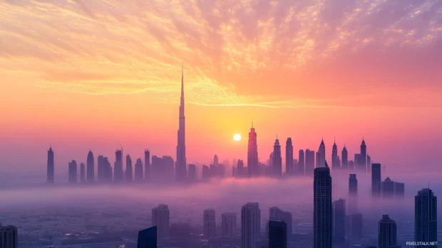 Urban morning captured beautifully in a sunrise wallpaper with city skyline.