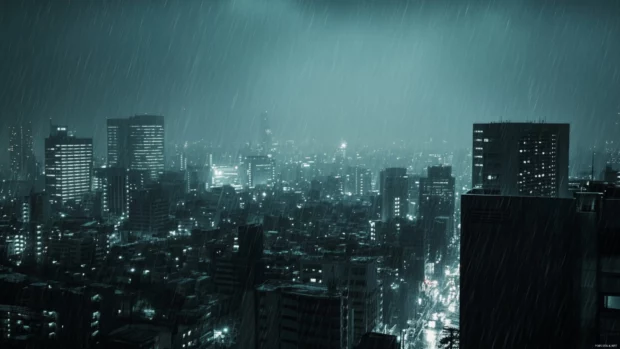 Urban rainstorm from above, city blocks glistening in rain for wallpaper.