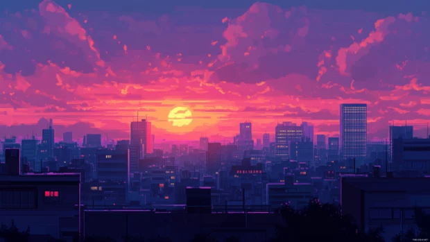 Urban skyline, sunset, skyscrapers glow with warm sky colors.