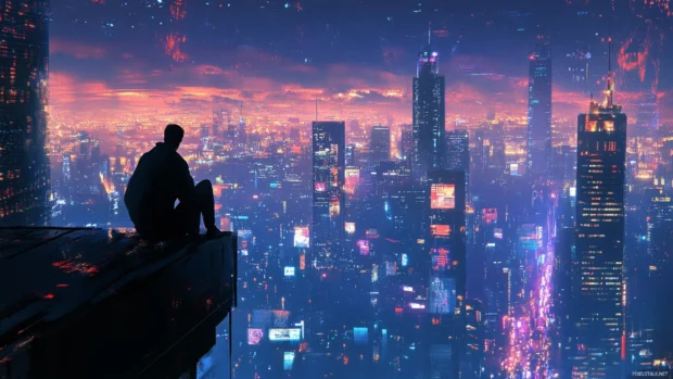 Urban solitude beneath the vast expanse of City Lights.