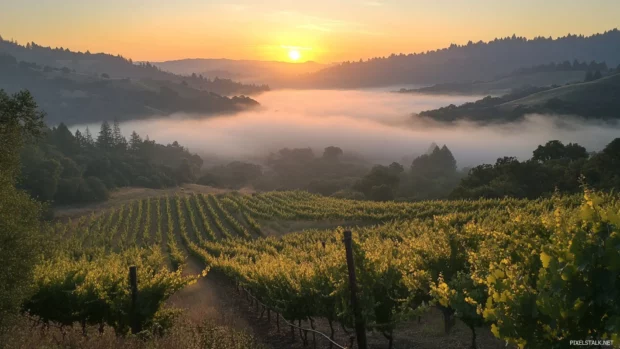 Valley blanketed in fog beneath a rising sun.