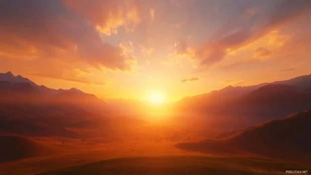 Valley slowly lit by warm sunrays in sunrise desktop scene.