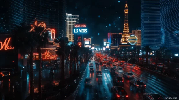 Vegas nightlife featuring Welcome sign and traffic.