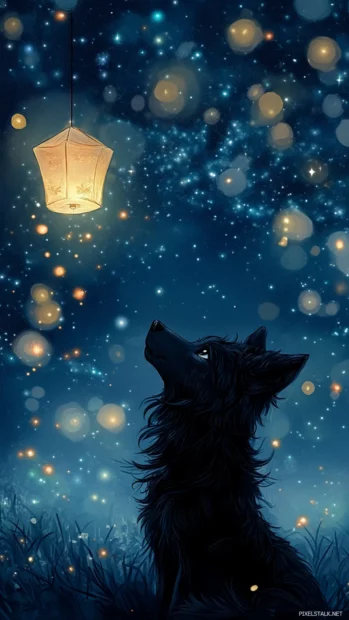 Vertical anime wolf gazing at a paper lantern floating through the stars.