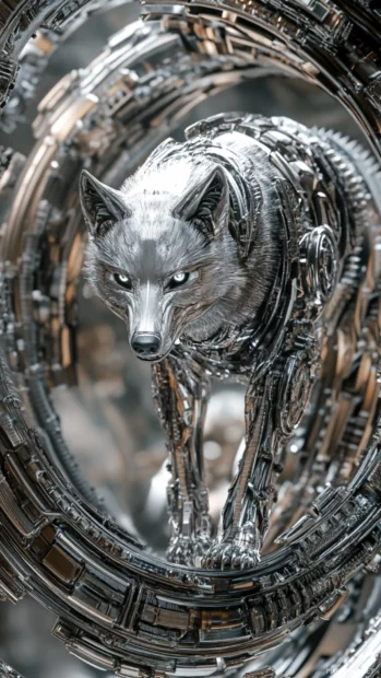 Vertical artwork of a futuristic silver wolf walking down a glowing spiral staircase in 3D.