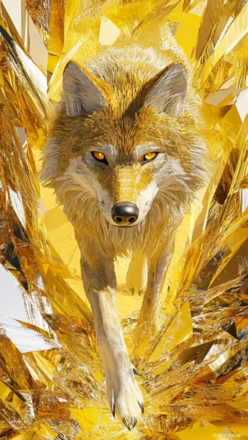 Vertical composition of a golden 3D wolf walking between mirrored walls with reflections trailing.