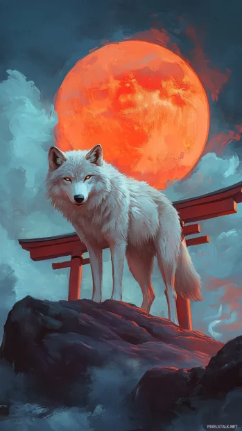 Vertical composition showing a wolf standing at the gate of a glowing shrine in stylized anime art.