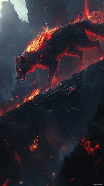 Vertical fantasy of fire wolf dashing along lit stone bridge.