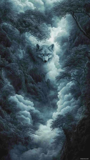 Vertical forest scape where a small wolf shape emerges from layered trees and clouds.