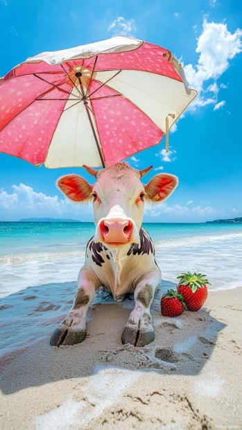 Vertical frame of Strawberry Cow sitting under a parasol at the beach.