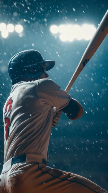 Vertical frame showing a batter ready in the box during a baseball game.